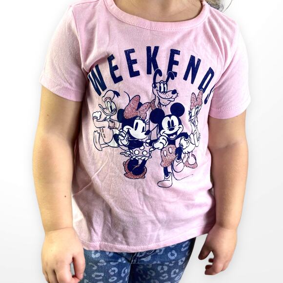 DISNEY Pink Mickey Mouse Weekends Graphic Short Sleeve T-shirt - Picture 1 of 4